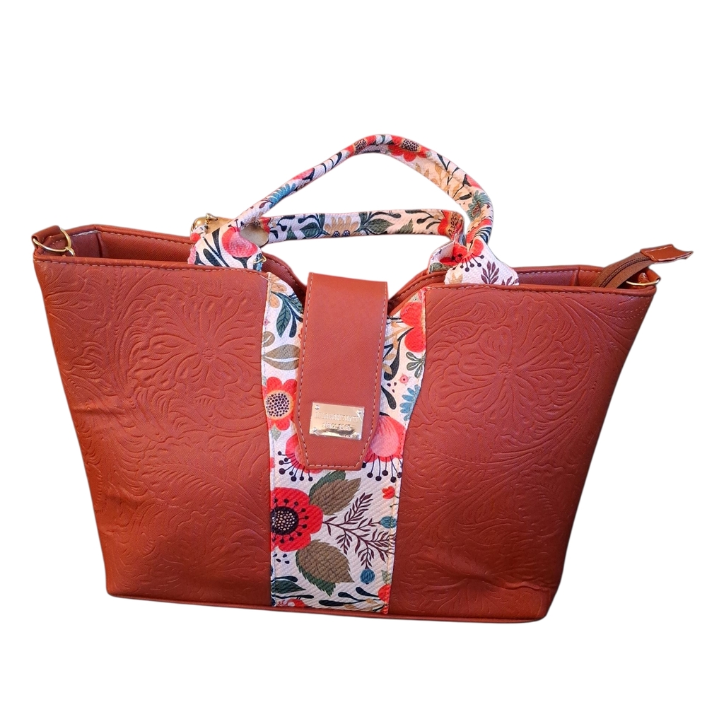 Floral Embossed Brown Tote Bag